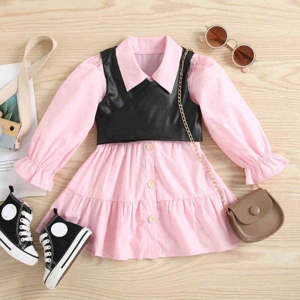 

autumn fashion kids girls dress 2pcs outfits 1-6y solid single breasted shirts dress+pu leather vest g220428, Red;yellow