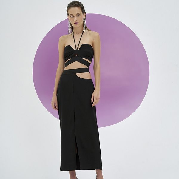 

summer women two piece dress lace up halter crop solid color hollow out split midi skirt set elastic waist, White