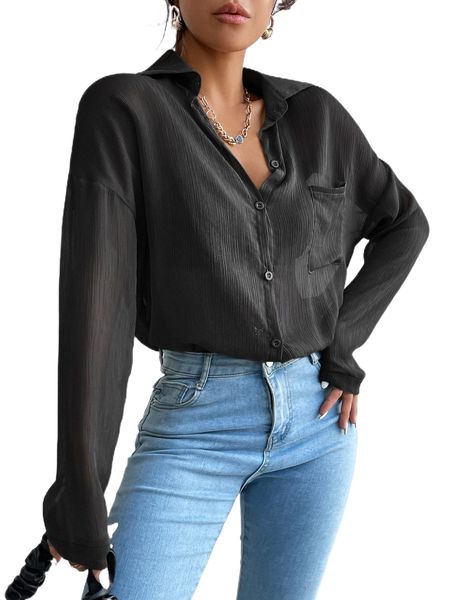 

pocket button front drop shoulder mesh shirt i9s0#, White