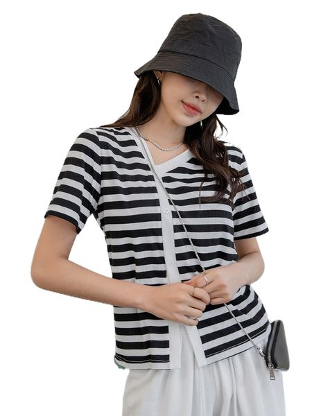 

dazy striped asymmetric neck button through tee m7w5#, White