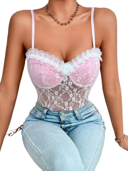 

floral embroidery lace trim cami bodysuit o3x4#, White
