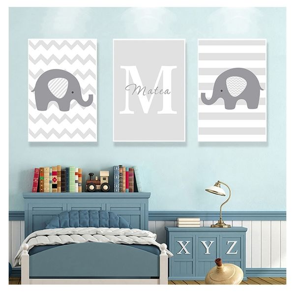 Grey Elephant Bursery Canvas Pintura Poster Arte da parede Pictures Decoração Bedroom Home Sem moldura Babys personalizados Nome personalizado 220623