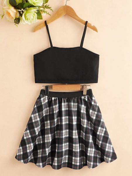 

girls crop cami & plaid flare skirt she, White