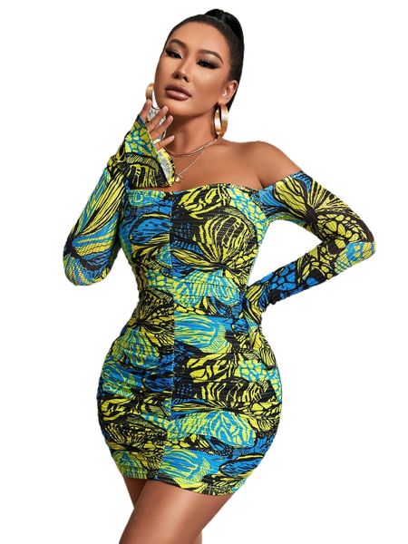 

sxy plants print ruched off shoulder dress p7s2#, Black;gray