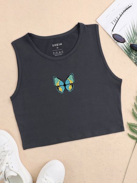 

butterfly print crop tank x716#, White