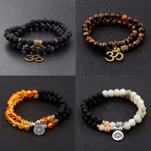 Bracelete Masculino Pulseira Pedra da Lua Natural Grânulo Buda Tibetano Chacra Pedra Lava Difusor Pulseiras Jóias Presente Gota