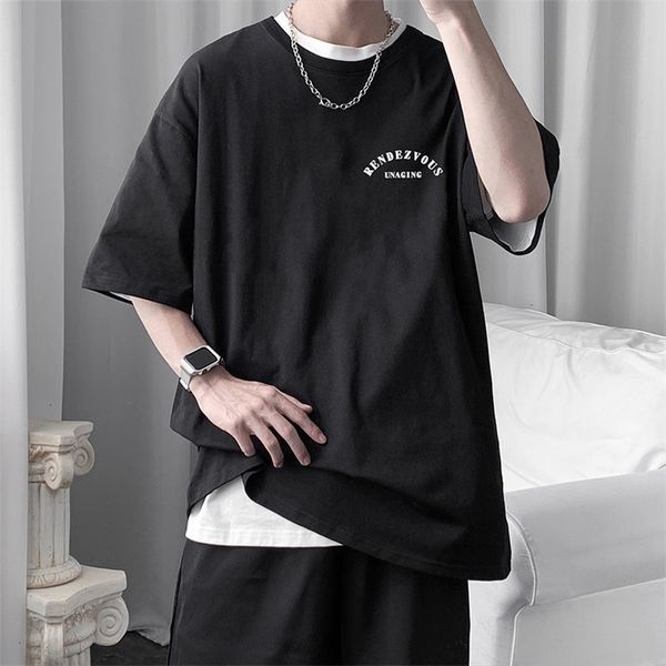 

hybskr letter graphic loose short sleeve casual oversize tshirt male korean streetwear cotton mens clothing 220621, White;black