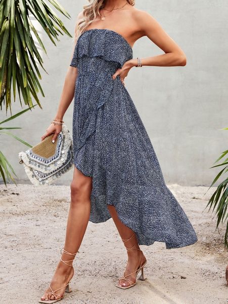 

all over print ruffle wrap hem tube dress j01d#, Black;gray