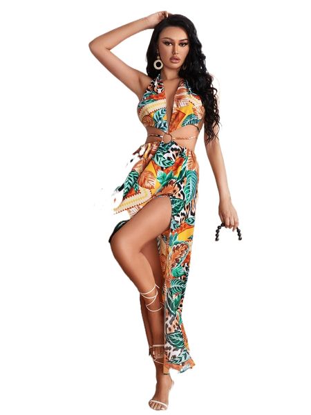 

tropical print o-ring tie backless split thigh halter dress z9yn#, Black;gray