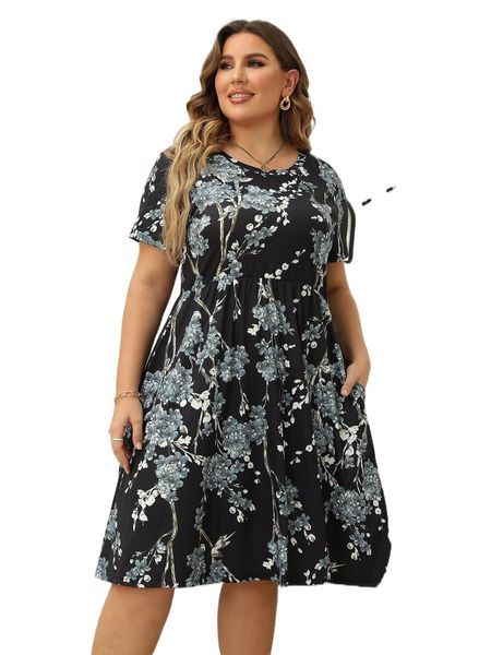 

plus floral print smock dress 47m4#, Black