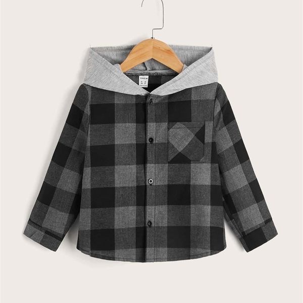 

toddler boys gingham graphic button front hooded shirt she, White;black