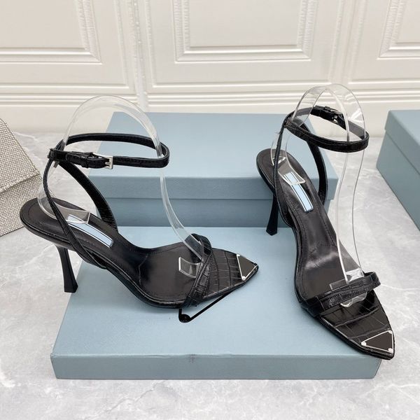 

women's high-heels sandals luxury designer brand shoes pointed triangle buckled sandals imported sheepskin with box dust bag are size35, Black