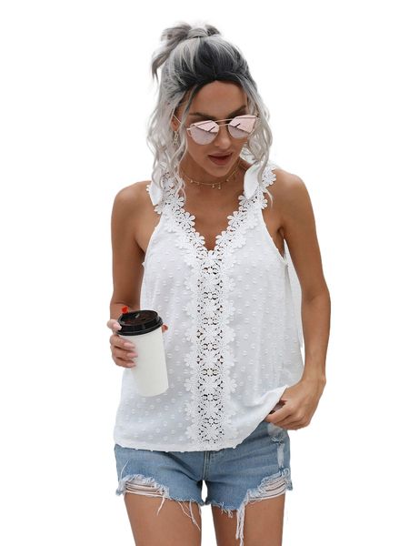 

swiss dot contrast guipure lace bow detail tank n1a7#, White