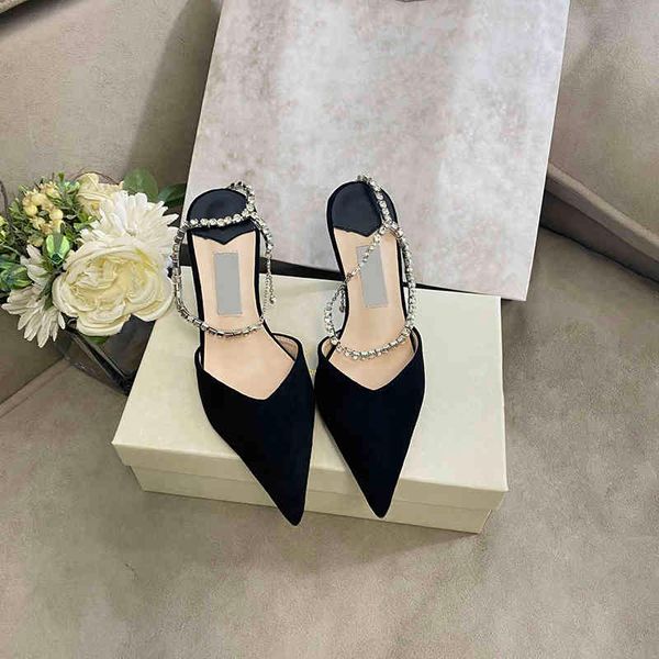 

sandals pumps women dress shoes fashion pointed high heels luxury rhinestones chain buckle thin heeled sandals evening party 220331, Black