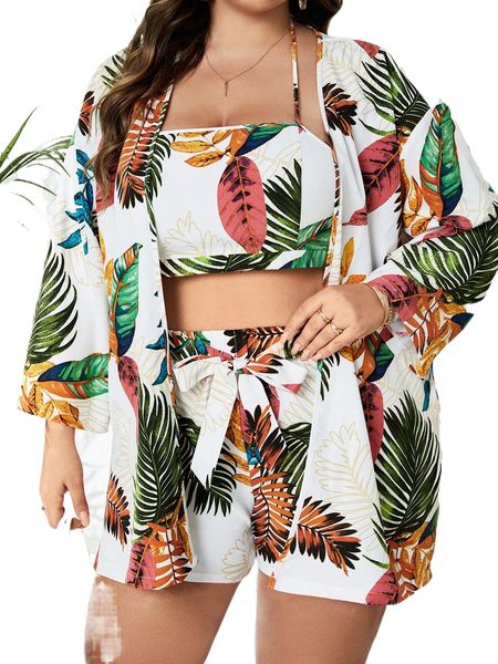 

plus tropical print cami & tie front shorts & drop shoulder coat v3bl#, Black