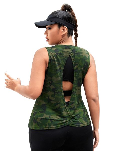 

plus camo print cut out wrap back sports tank 966i#, Black