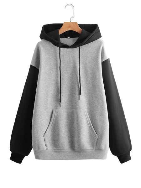 

color-block kangaroo pocket drawstring hoodie 51mo#, Black
