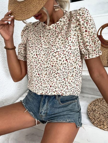 

ditsy floral puff sleeve frill trim blouse w4rj#, White