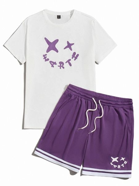 

men cartoon & letter graphic tee & drawstring waist shorts j88m#, Gray