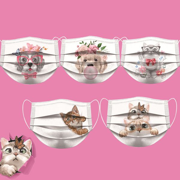 

cat dog pattern disposable face masks breathable 3-ply non-woven cup dust masks with elastic earloop for adults men women daily use
