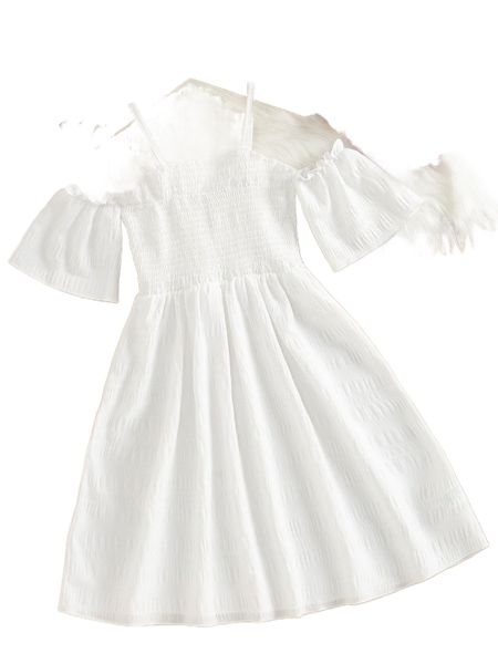 

girls cold shoulder shirred bodice a-line dress a4qh#, Black;white