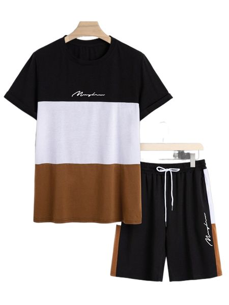 

men letter graphic colorblock tee & drawstring waist shorts k6k3#, Gray