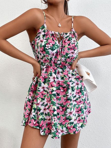 

petite allover floral print tie front cami dress 37zj#, Black;gray