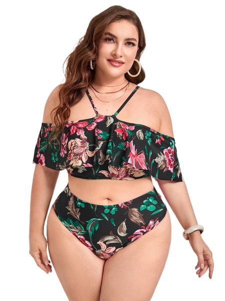 

plus floral print off the shoulder bikini swimsuit l7ao#, White;black