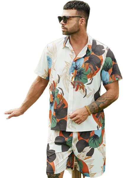 

extended sizes men random plants print shirt & shorts r4kb#, Gray