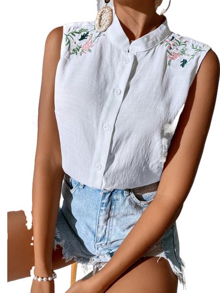 

floral embroidery sleeveless blouse 33rl#, White
