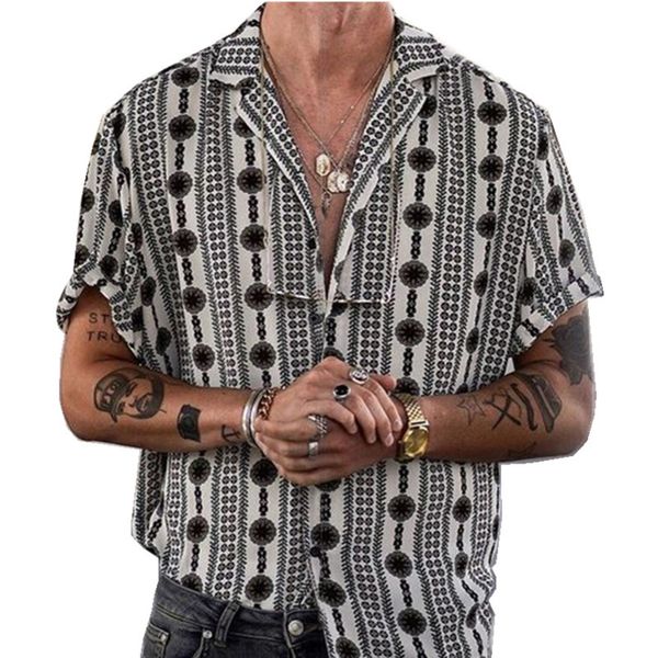 

ethnic printed shirt men turn-down collar button short sleeve shirt for male men's clothes, White;black