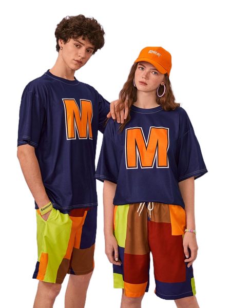 

1pc letter graphic tee & 1pc colorblock shorts i1un#, Gray