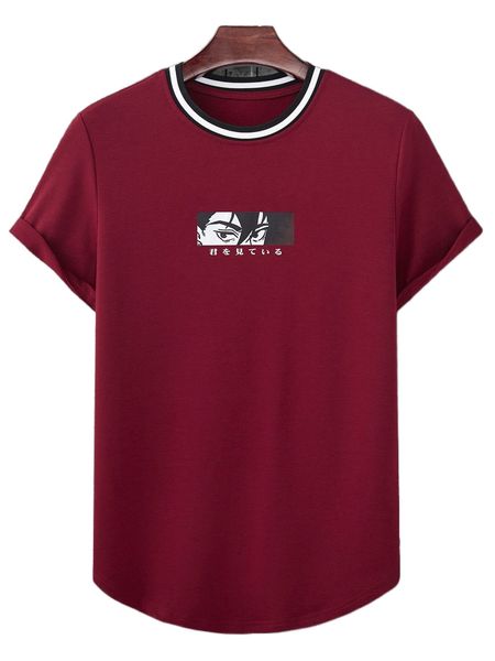 

men figure & japanese letter graphic contrast trim tee k6wx#, White;black