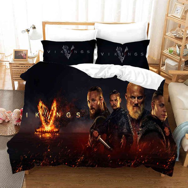 3D-gedrucktes Wikinger-Legenden-Bettwäsche-Set, Bettbezug mit Kissenbezug, Doppelbett, Einzelbett, King-Size-Bett