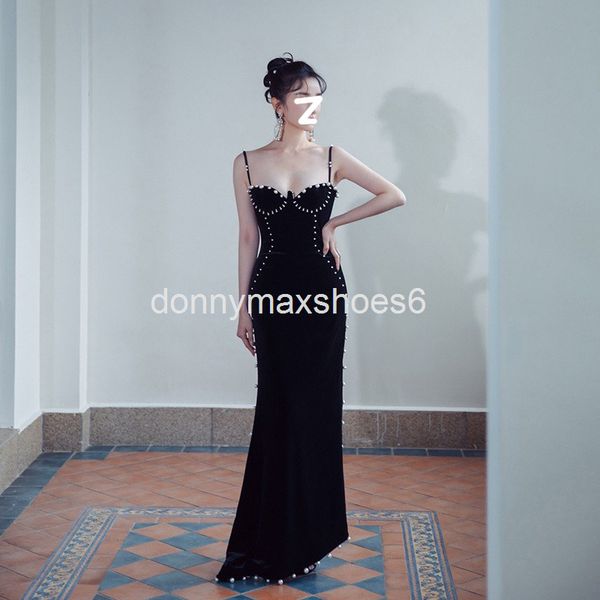 

casual dresses special french elegant velvet dress heavy industry nail bead celebrity temperament waist strap, Black;gray