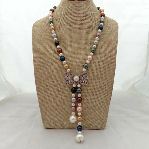 

22&quot multi color sea shell pearl necklace zircon pave pendant, Silver