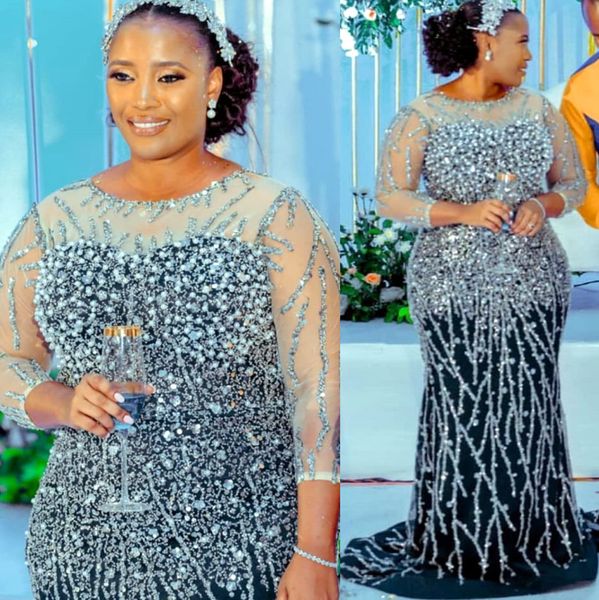 

2022 plus size arabic aso ebi mermaid black luxurious prom dresses beaded evening formal party second reception birthday engagement gowns dr