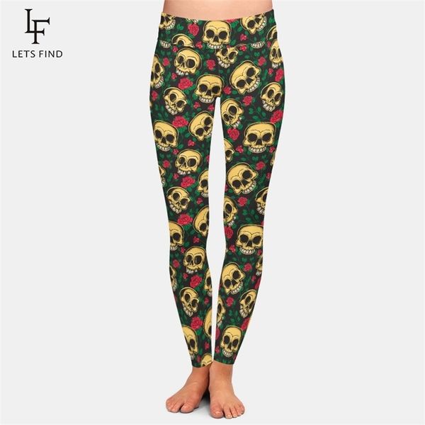 Nuovo arrivo Skull and Rose Print Leggings da donna a vita alta Fashion Elastic Milk Silk Plus Size Leggings sexy Pantaloni da donna 201014