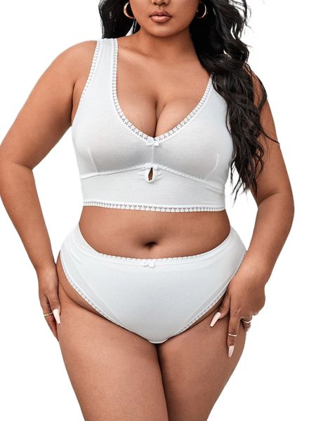 

plus bow detail lace trim lingerie set b22w#, Black;white