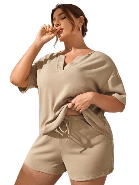 

plus notched neckline knot waist pajama set c3qk#, Black;white