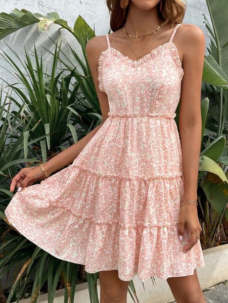 

ditsy floral print frill trim cami dress s66s#, Black;gray