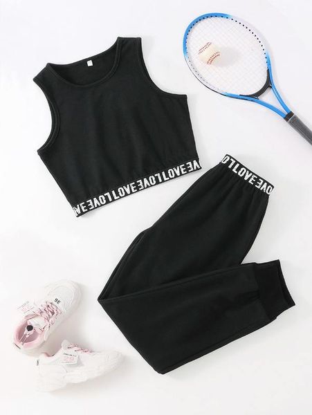 

girls letter tape tank & sweatpants she, White