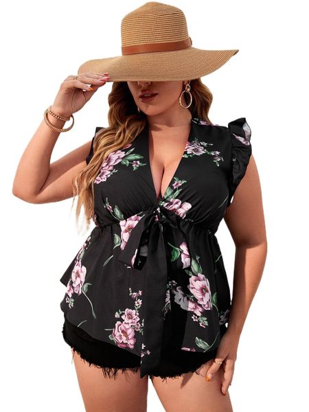 

plus floral print butterfly sleeve knot front peplum blouse u9d8#, Black