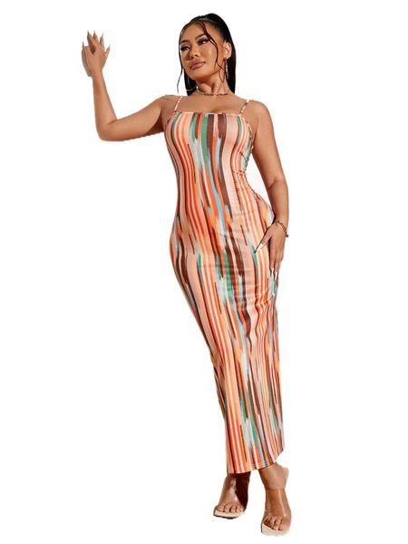 

sxy block striped split back cami dress n38p#, Black;gray
