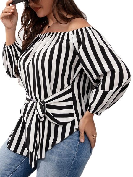 

plus striped bishop sleeve off shoulder tie front blouse 25fq#, Black