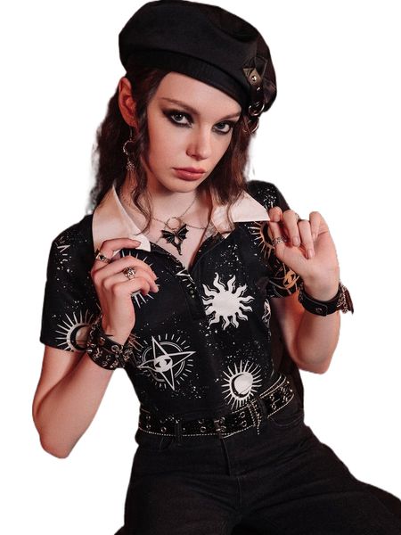 

romwe x amy suther dark academia sun & moon print crop tee z9o5#, White