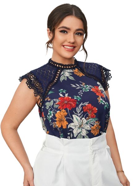 

plus floral print contrast guipure lace w7j4#, Black