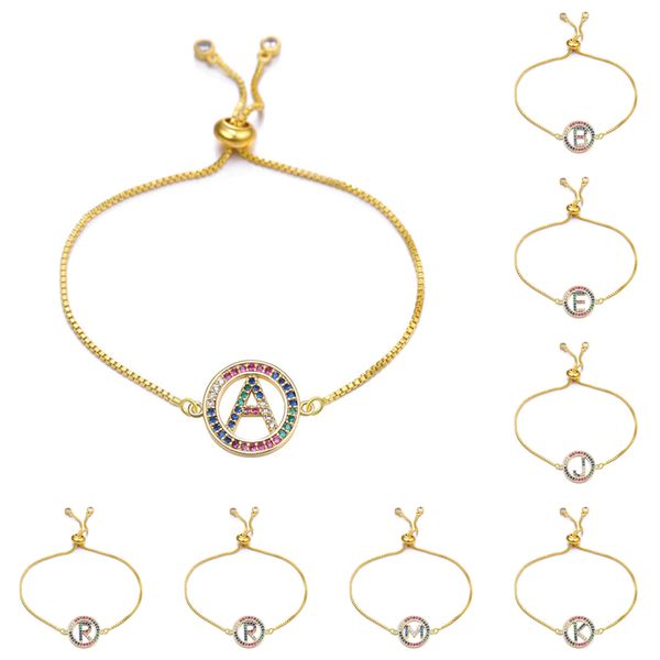 Fashion Girls A-Z 26 Letra inicial Pulseira ajustável Cadeia de caixa de zircão colorido Bracelete do alfabeto Presente de joias femininas