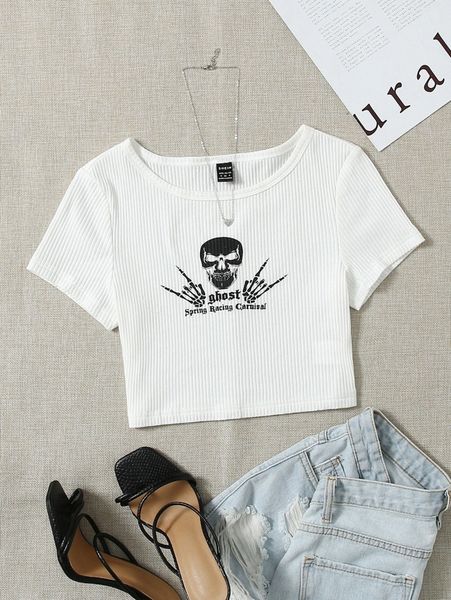 

skull and letter graphic rib-knit tee i1wx#, White