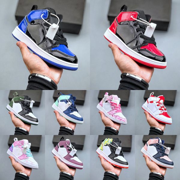 

kids jumpman 1 1s mid basketball shoes military blue toddler sneaker ts royal metallic silver toe tropical twist paint boys girls children r, Black